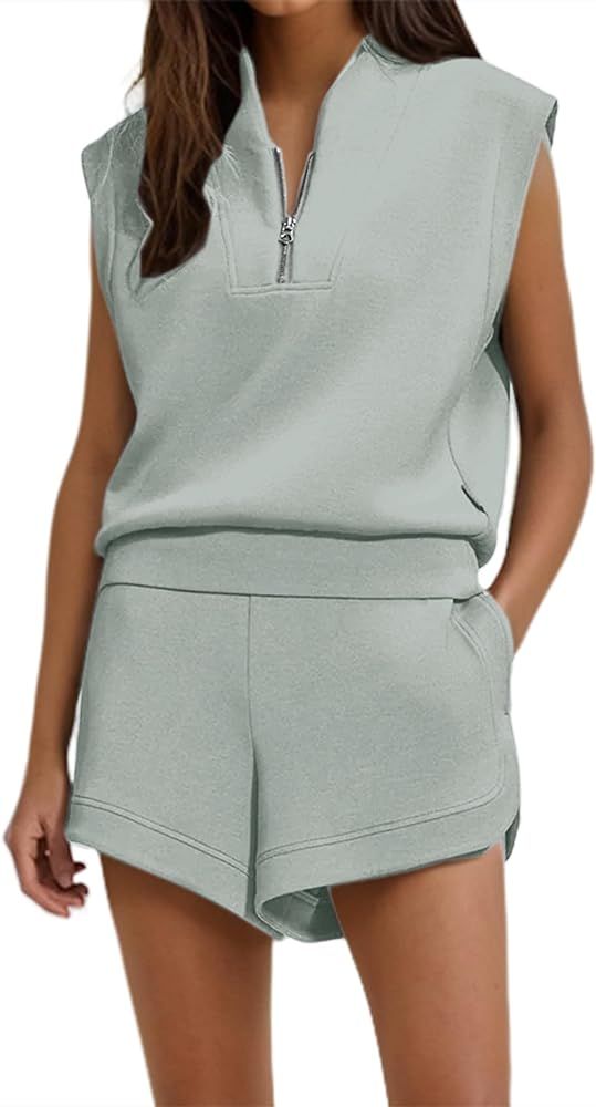 SHBECYDE Women Two Piece Outfits Half Zip Sweatshirt Shorts Set Cap Sleeve Sweatshirt High Drawst... | Amazon (US)
