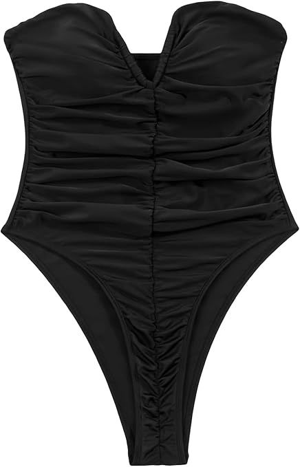 SOLY HUX Women's Onepiece Swimsuit Ruched V Wired Bandeau Bathing Suit Swimwear | Amazon (US)