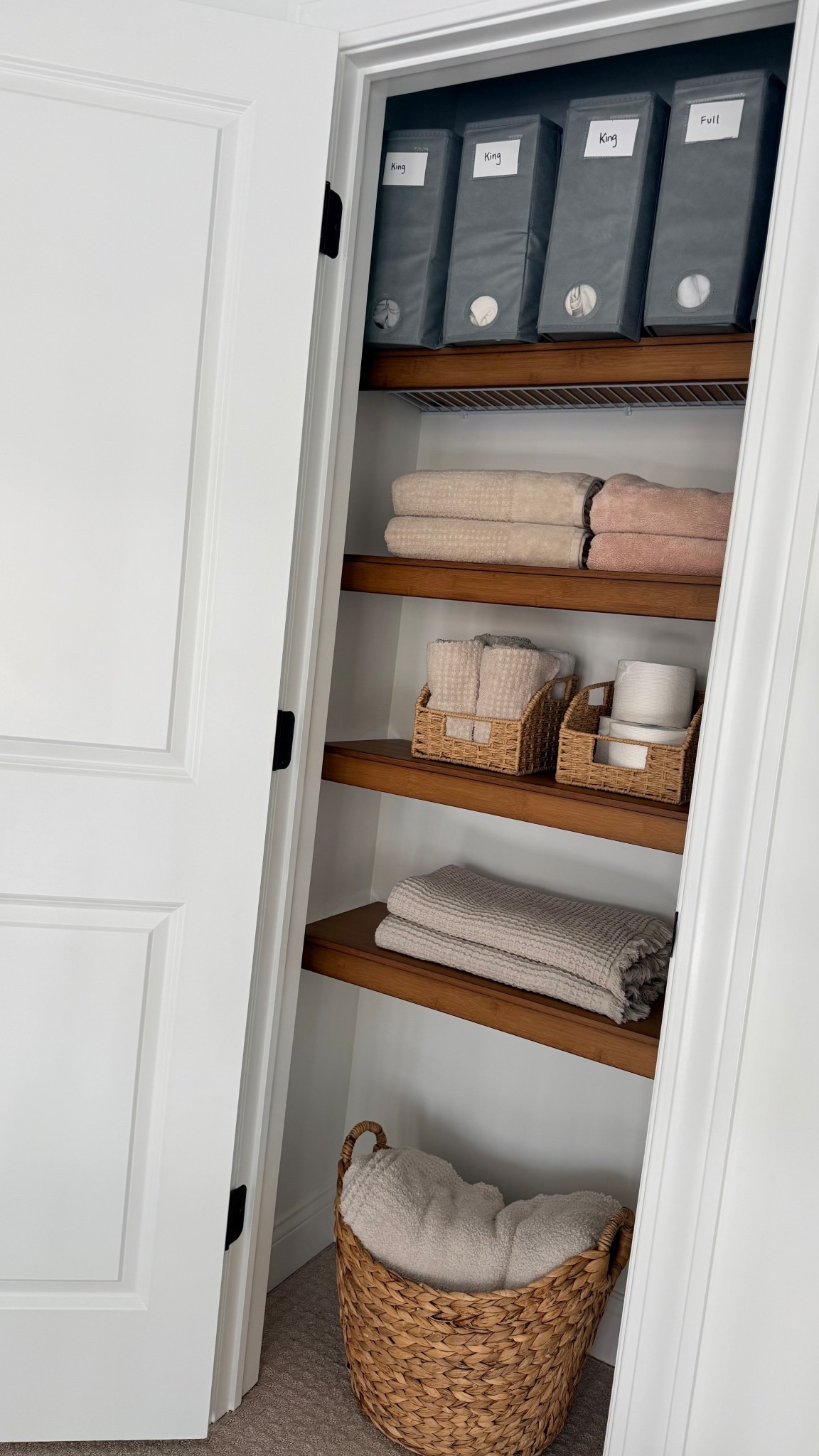 Small linen closet organization! Transform those white wire shelves with these wooden ones that simply go over the metal ones! Organize your sheets with the SpaceAid organizers, and more! 

#LTKHome #LTKmomlife #LTKFindsUnder50