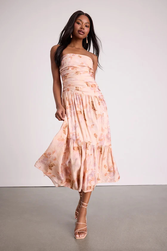 Kristella Blush Floral Strapless Tiered Midi Dress | Lulus