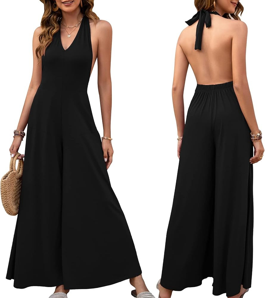 INIBUD Jumpsuit for Women Dressy Halter One Piece Casual Wide Leg Romper Deep V Neck Elegant with... | Amazon (US)