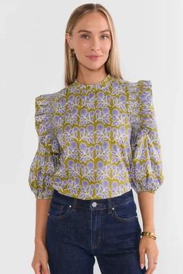 Green Block Print Ruffle Top | Avara