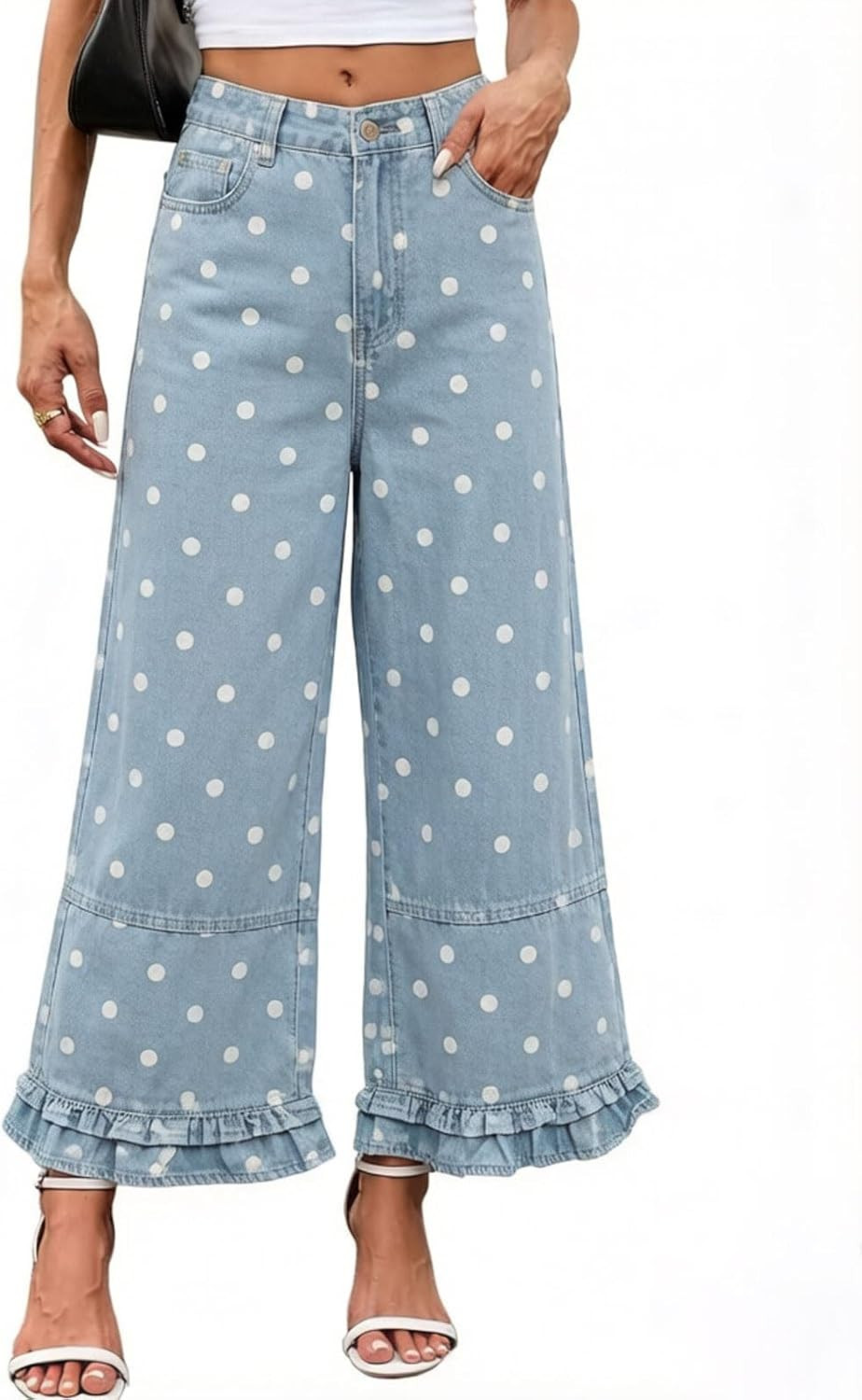 CHARTOU Ruffle Hem Bell Bottom Jeans for Women Polka Dot Ankle Baggy Jeans Crop Denim Wide Leg Pants | Amazon (US)