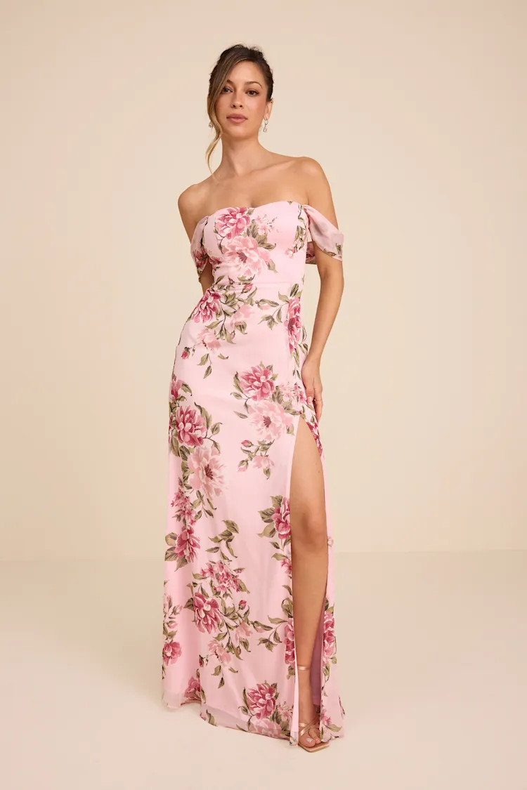 Magical Magnetism Light Pink Floral Off-the-Shoulder Maxi Dress | Lulus