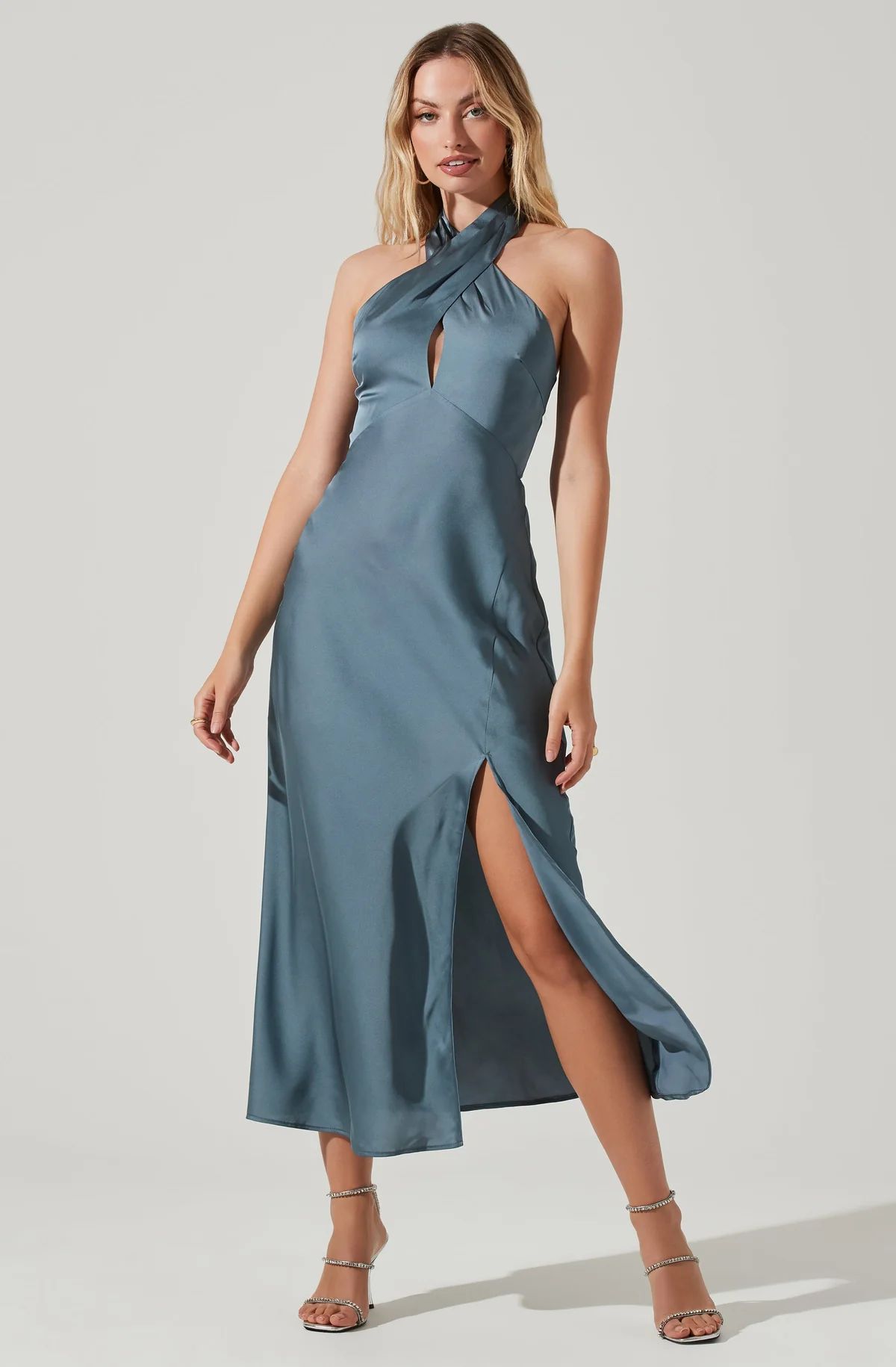 Marissa Satin Halter Neck Midi Dress - Dusty blue / L | ASTR The Label (US)