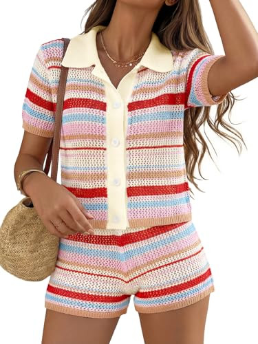 Tankaneo Womens 2 Piece Sweater Shorts Sets Knit Color Block Summer Outfits Short Sleeve Tops Cov... | Amazon (US)