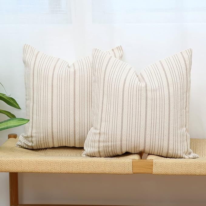 Kiuree Khaki and Beige Farmhouse Throw Pillow Covers 18 x 18, Modern Accent Square Decorative Pi... | Amazon (US)