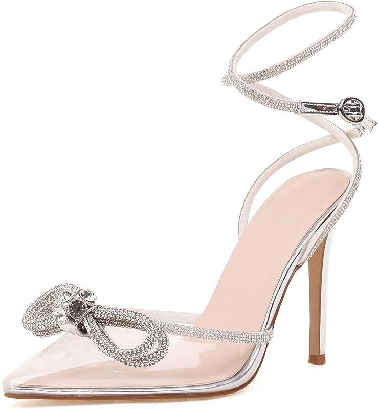 Women's Rhinestone Bow Clear High Heels Glitter Sequin Ankle Strap Stiletto Heeled Sandals Sparkl... | Amazon (US)