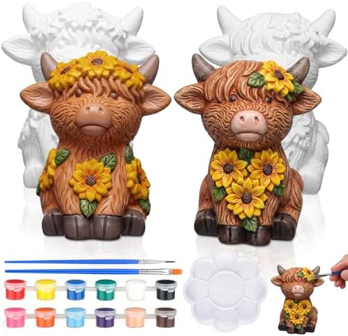Hollowfly 2 Pack Ready to Paint Your Own Sunflower Highland Cow Statue Spring 4" Mini Blank Ceram... | Amazon (US)