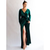 Green Velvet Dress With Slit, Wedding Guest Dress, Long Sleeves Bridesmaid Formal Maxi Dark Green Ma | Etsy (US)