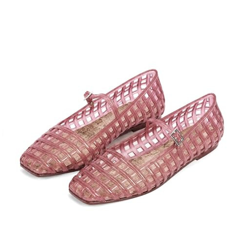 RJYLP Pink Jelly Mesh Ballet Flats for Women Hollow Square Toe Jelly Sandals Beach Ballerina Flats Summer Cute Mary Jane Shoes | Amazon (US)