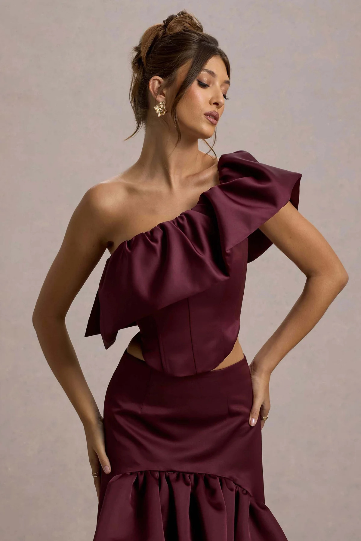 Sandie | Merlot Satin Bardot Ruffled Crop Top | Club L London AU