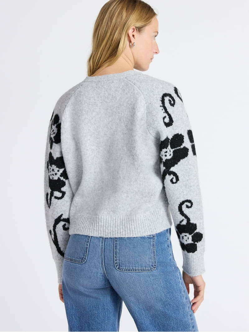 Free Assembly Women’s Floral Pattern V-Neck Cardigan Sweater, Midweight, Sizes XS-XXL | Walmart (US)