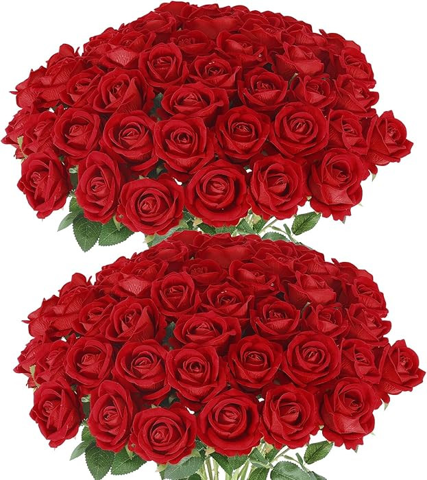 Hananona 50 Pcs Artificial Roses in Bulk, Fake Silk Red Roses Realistic Roses for Wedding Centerp... | Amazon (US)