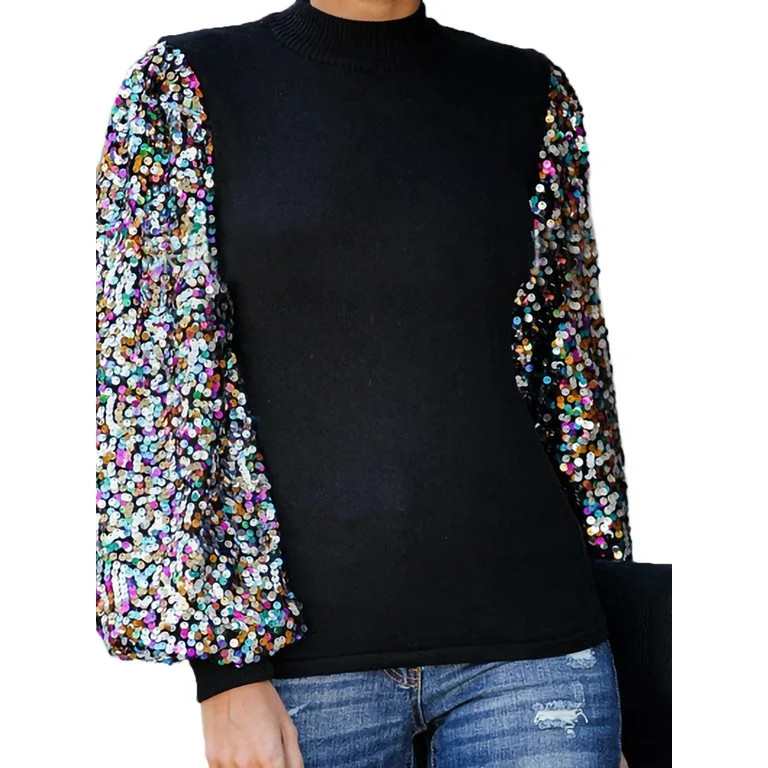 Women's Confetti Sequin Balloon Long Sleeve Mock Neck Pullover Sweater | Walmart (US)