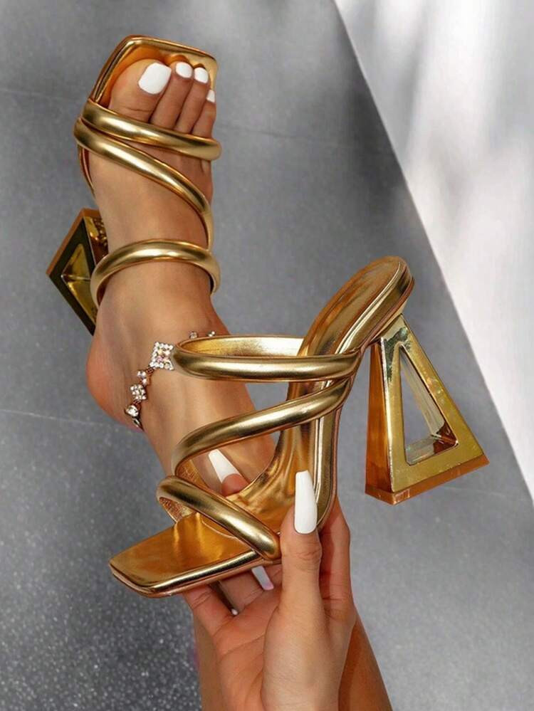 Metallic Gold Sexy Elegant Women Sandals Chunky High Heels Open Toe Design Fashion Dress Nightclub Bridal Party Shoes Woman | SHEIN