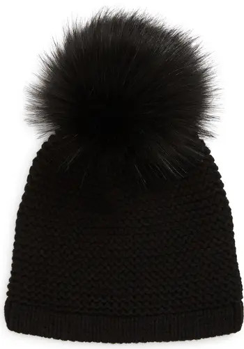 Kyi Kyi Wool Blend Beanie with Faux Fur Pom in Black/Multi at Nordstrom | Nordstrom