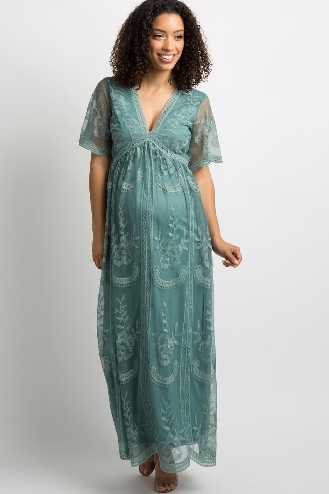 Sage Lace Mesh Overlay Maternity Maxi Dress | PinkBlush Maternity