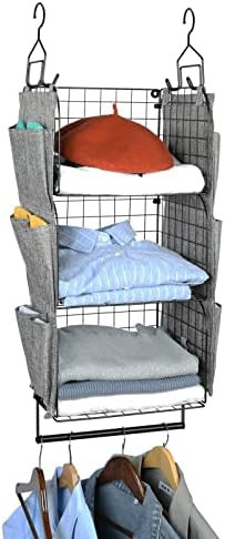 3 Tier Hanging Shelves Wall Mount Metal Wire Basket with 9 Canvas Pockets &Removable Hooks,Foldable  | Amazon (US)