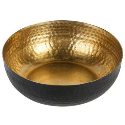 Black Hammered Bowl With Gold Interior, Decorative Metal Round Bowl For Fruits | SHEIN