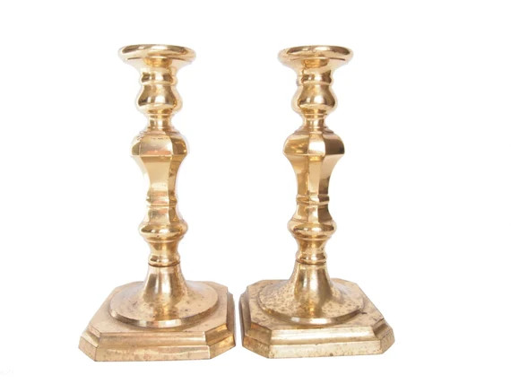 Vintage Brass Candlestick Holders Mantle Candle Holders Pair Patina golden color tall metal quali... | Etsy (US)