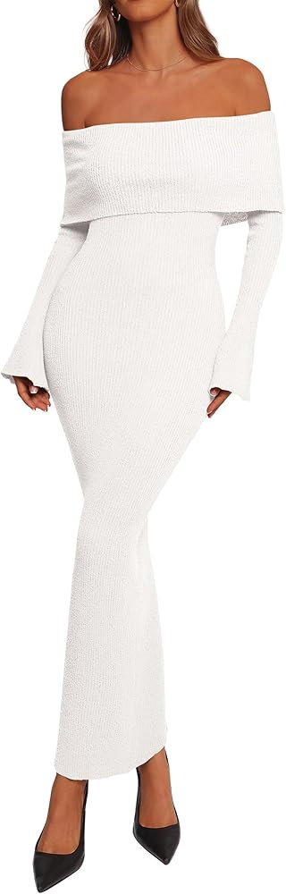 dowerme Women's Off The Shoulder Sweater Dress 2026 Formal Long Sleeve Bodycon Maxi Wedding Guest... | Amazon (US)