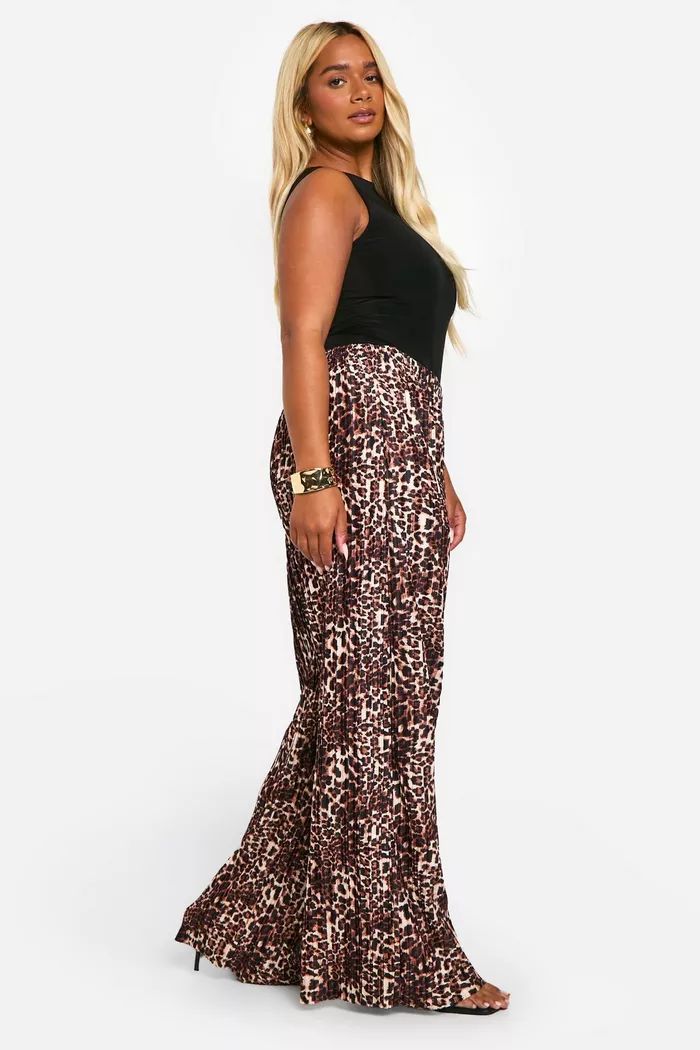 Plus Plisse Leopard Print Wide Leg Pants | boohoo (US & Canada)