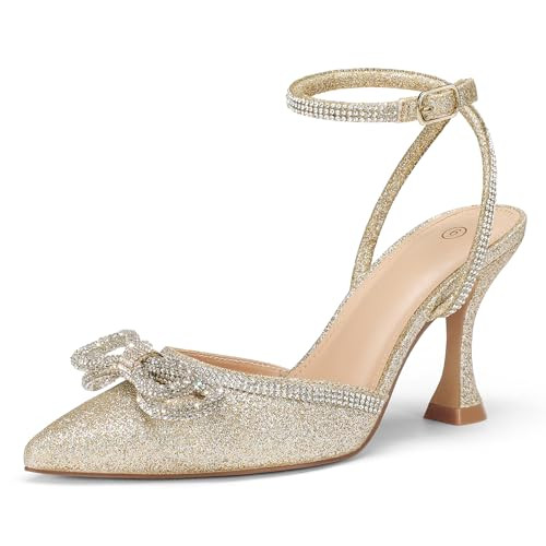 mysoft Women's Rhinestone Bow Pumps Wedding Dress Shoes Pointed Toe Ankle Strap Kitten Heels | Amazon (US)