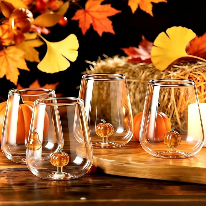 Whaline 4Pcs Fall Pumpkin Stemless Wine Glass, Hand Blown 3D Pumpkin Gourd | Amazon (US)