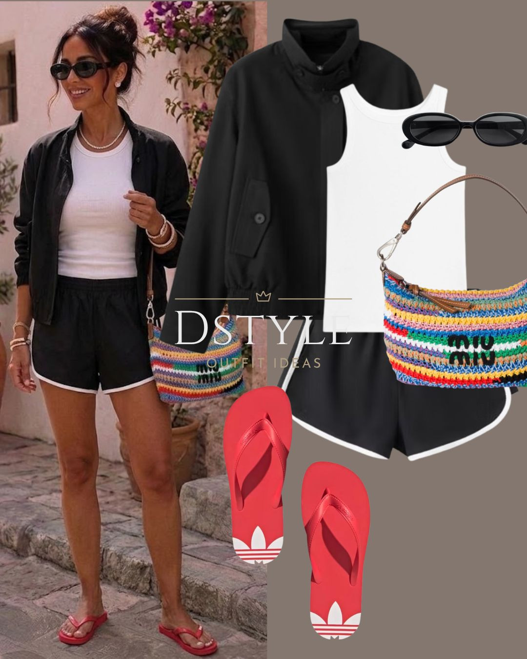 Casual, sporty, and effortless 🕶️ Throwing a lightweight black bomber jacket over a classic white ribbed tank and matching runner shorts. Obsessed with how this colorful crochet bag and bright red flip-flops completely transform the look! Tap to shop this athleisure outfit.

#LTKootd