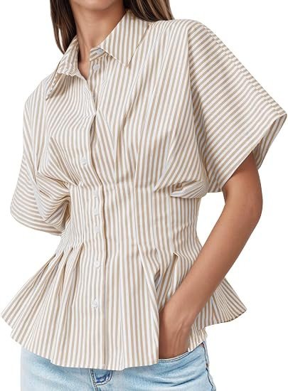Tankaneo Womens Striped Peplum Business Tops Casual Office Shirts Blouses | Cinched waist tops fo... | Amazon (US)