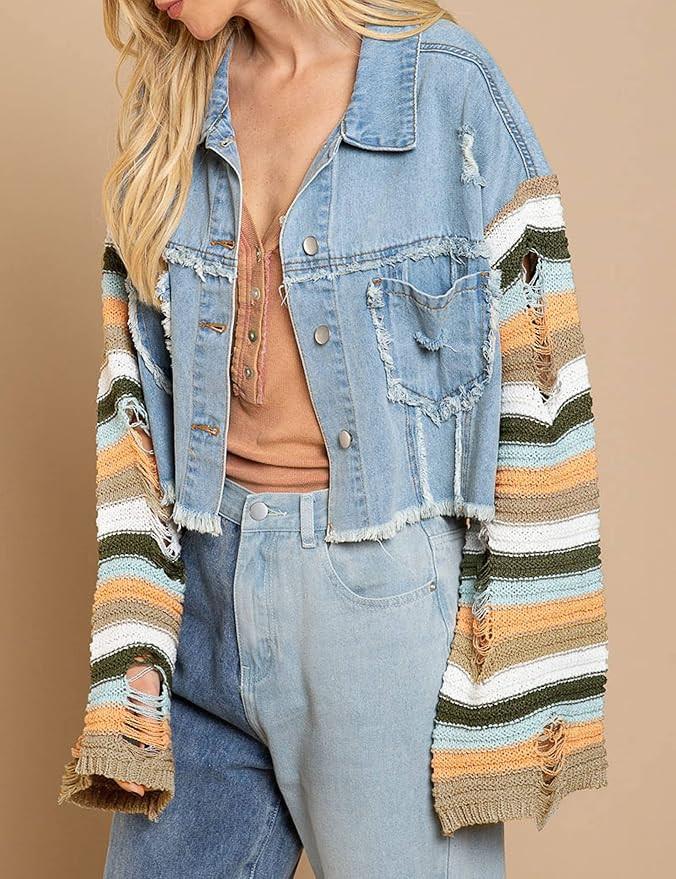 Joiemont Womens Rainbow Sweater Sleeve Crop Denim Jacket Distressed Ripped Frayed Hem Patchwork J... | Amazon (US)