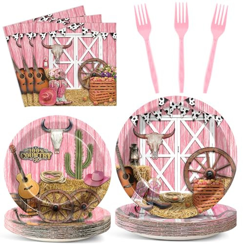 96 Pcs Cowgirl Birthday Party Decorations Western Theme Paper Plates and Napkins Wooden Barn Disposable Tableware Set Rodeo Pink Birthday Wild West Dinnerware Decor for Kids Serves 24 | Amazon (US)