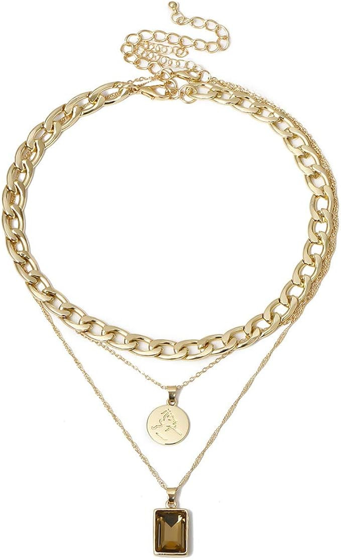 Drecode Punk Layered Necklace Gold Crystal Thick Chain Coin Short Chunky Necklaces Jewelry for Wo... | Amazon (US)