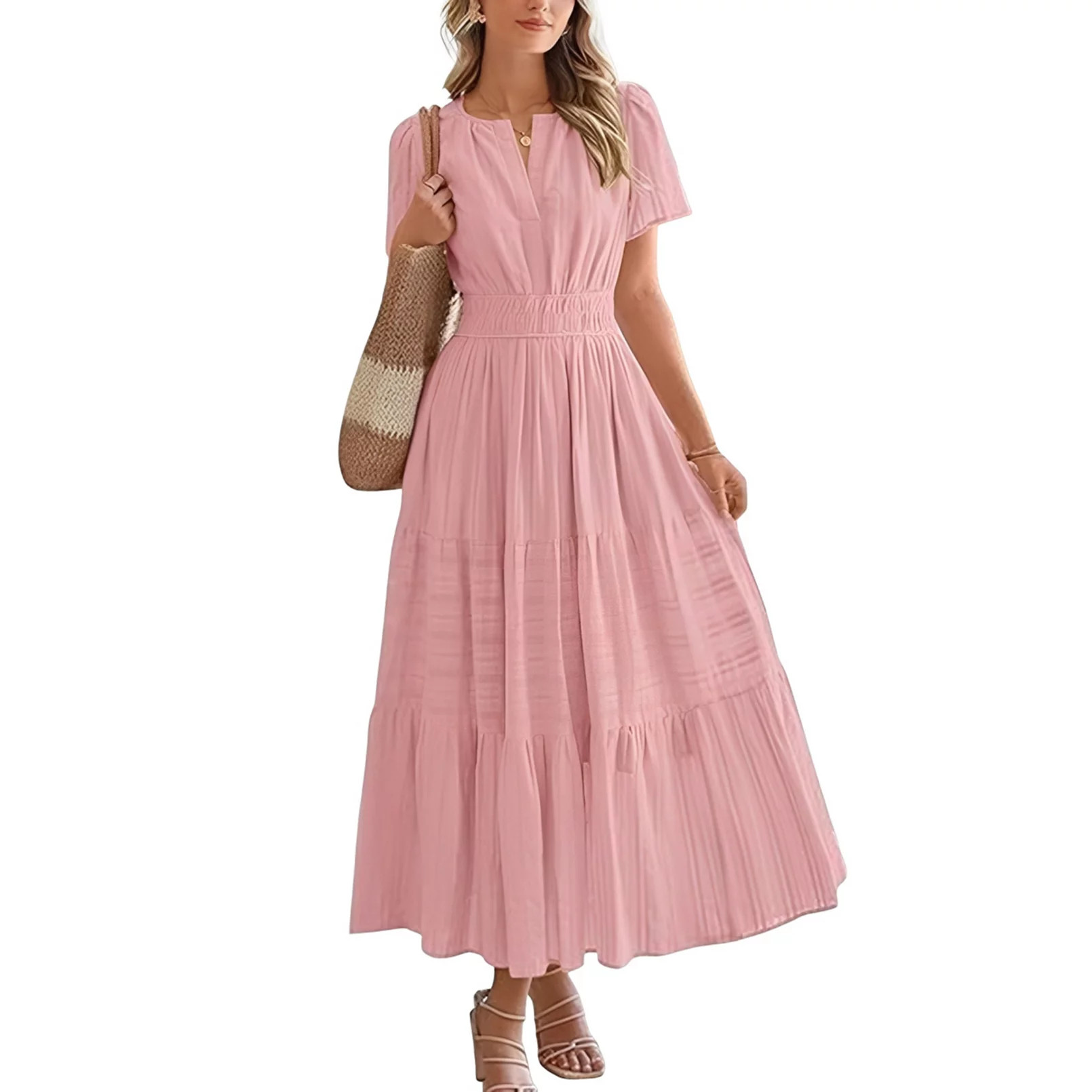 Women's V Neck Tiered Maxi Dress Short Sleeve Smocked Waist Flowy Casual Long Dress | Kohl's