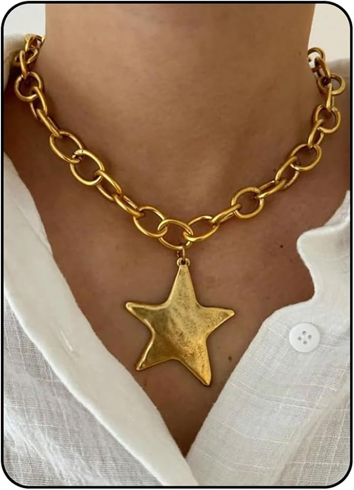 Star Necklace For Women, 14k Gold Pendant Heart Chunky Statement Y2k Big Silver Vintage Link Thic... | Amazon (US)