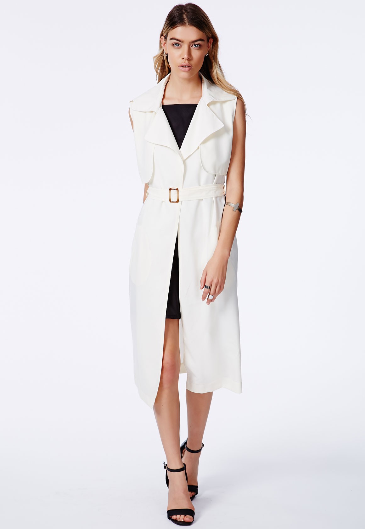white sleeveless trench dress