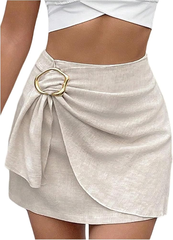 Milumia Women's Metal Decor Wrap Mini Skirt High Waist Asymmetrical Casual Short Skorts | Amazon (US)