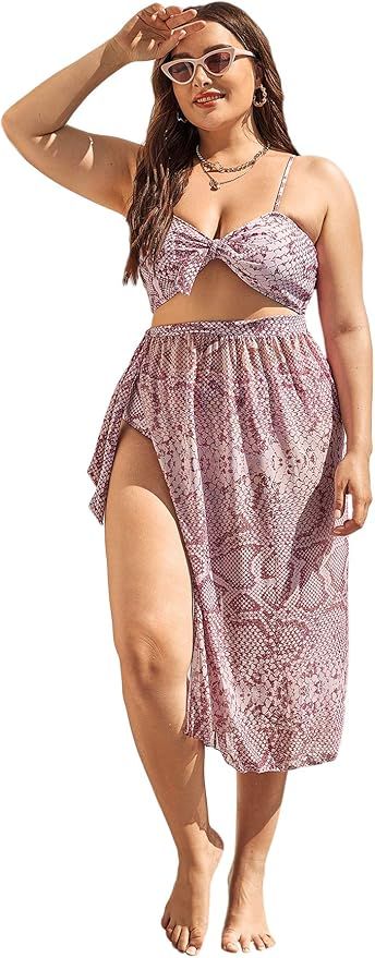 SOLY HUX Women's Plus Size Snakeskin Print Bikini Bathing Suit with Beach Skirt 3 Piece Swimsuits | Amazon (US)