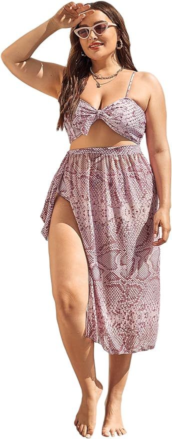 SOLY HUX Women's Plus Size Snakeskin Print Bikini Bathing Suit with Beach Skirt 3 Piece Swimsuits | Amazon (US)