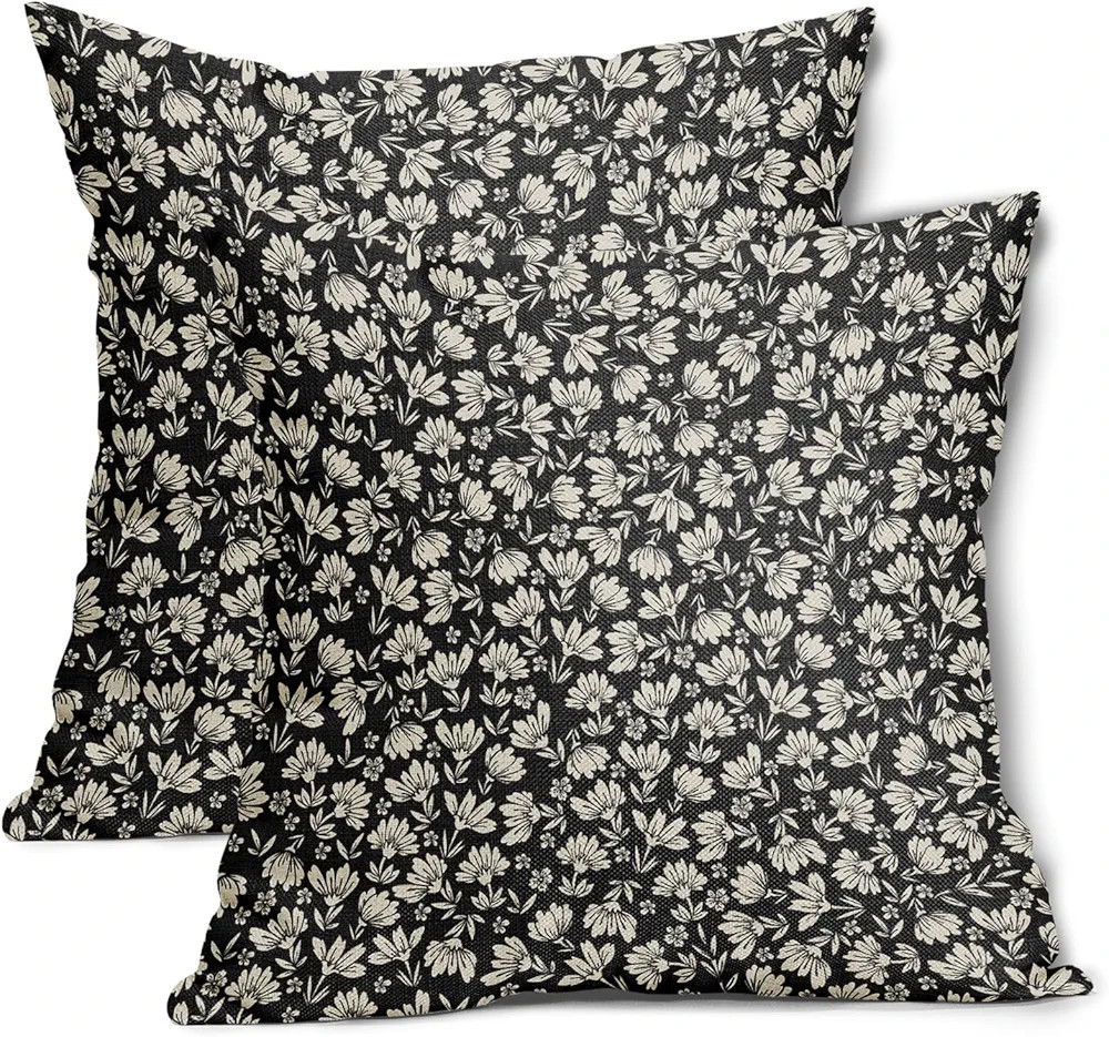 Black Brown Daisy Floral Block Print Pillow Covers 20X20 Inch Vintage Flowers Decorative Square P... | Amazon (US)