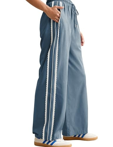 Amazon.com: Yeokou Women's Wide Leg Sweatpants Side Stripe Crochet Slip on Drawstring Casual Runn... | Amazon (US)