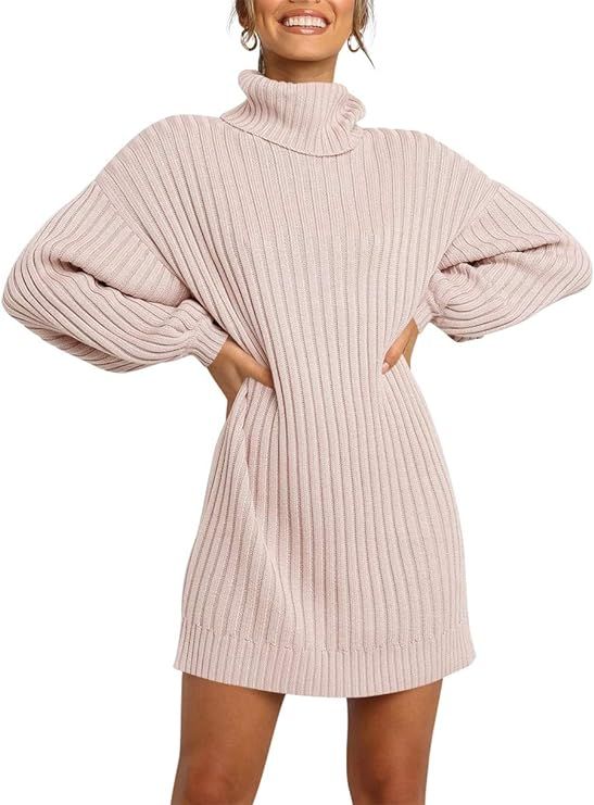 LOGENE Women's Sweater Dress Turtleneck Long Sleeve Loose Ribbed Knit Mini Dress | Amazon (US)