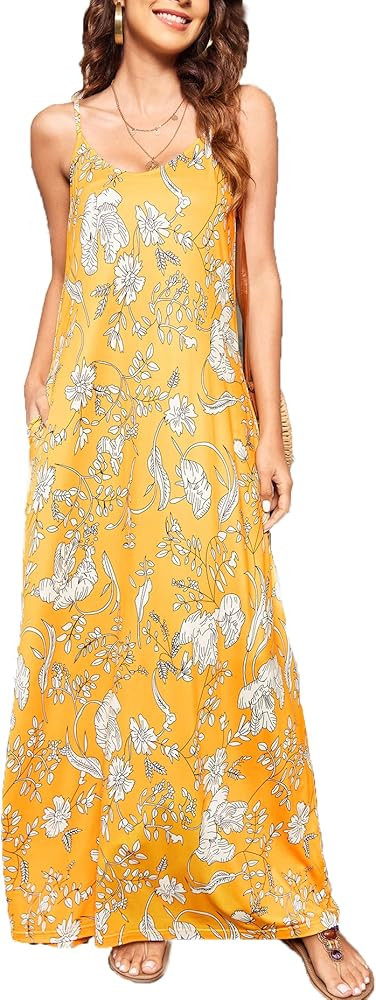 OURS Women's Summer Casual Floral Printed Bohemian Spaghetti Strap Floral Long Maxi Dress with Po... | Amazon (US)