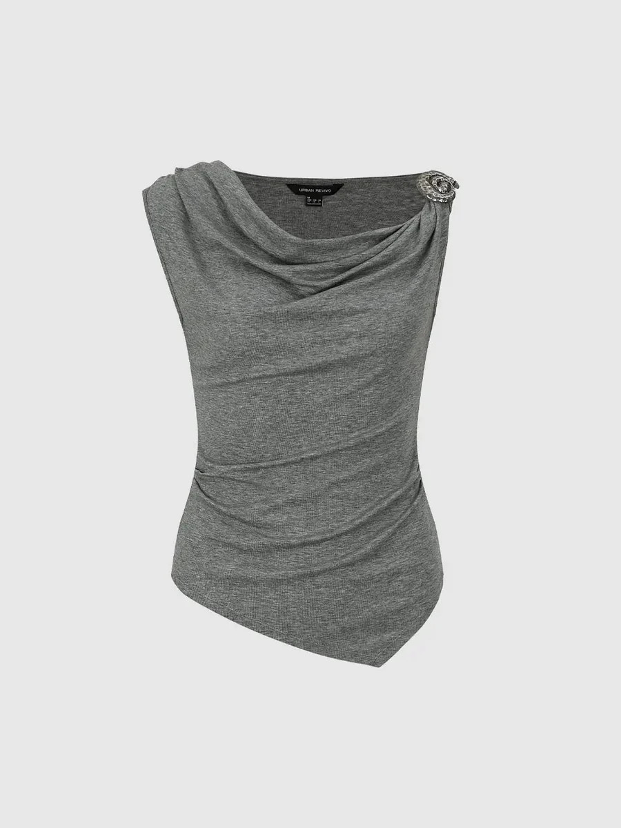 Lyocell Wool Blend Cowl Neck Ruched Tank Top | Urban Revivo