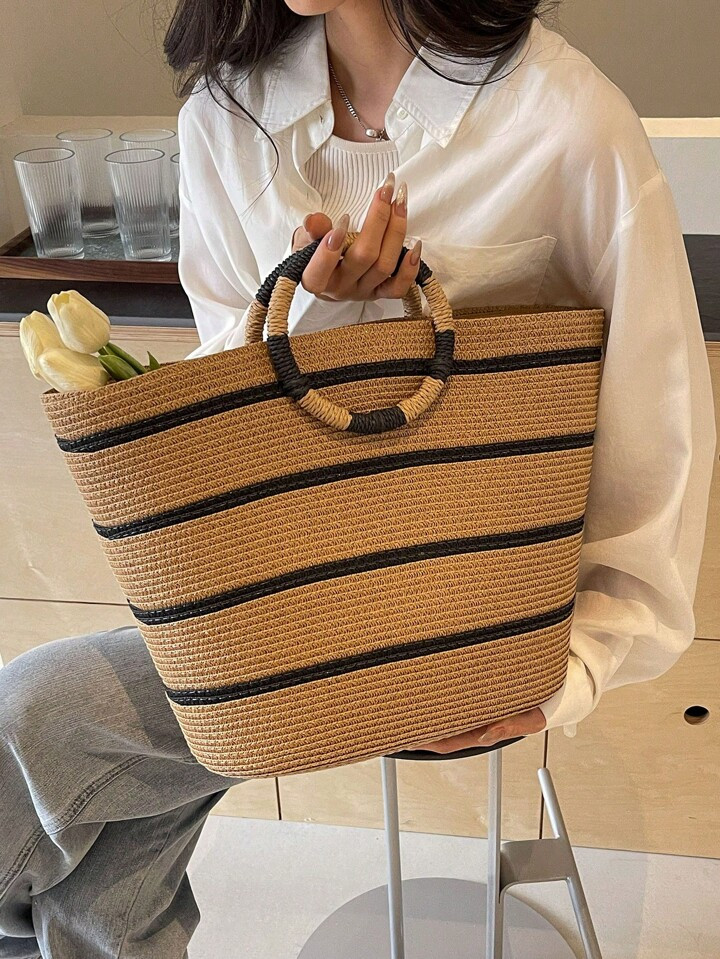 New Spring/Summer Big Capacity Woven Bag Women's Casual Handbag Tote Bag Shopping Bag Striped And... | SHEIN