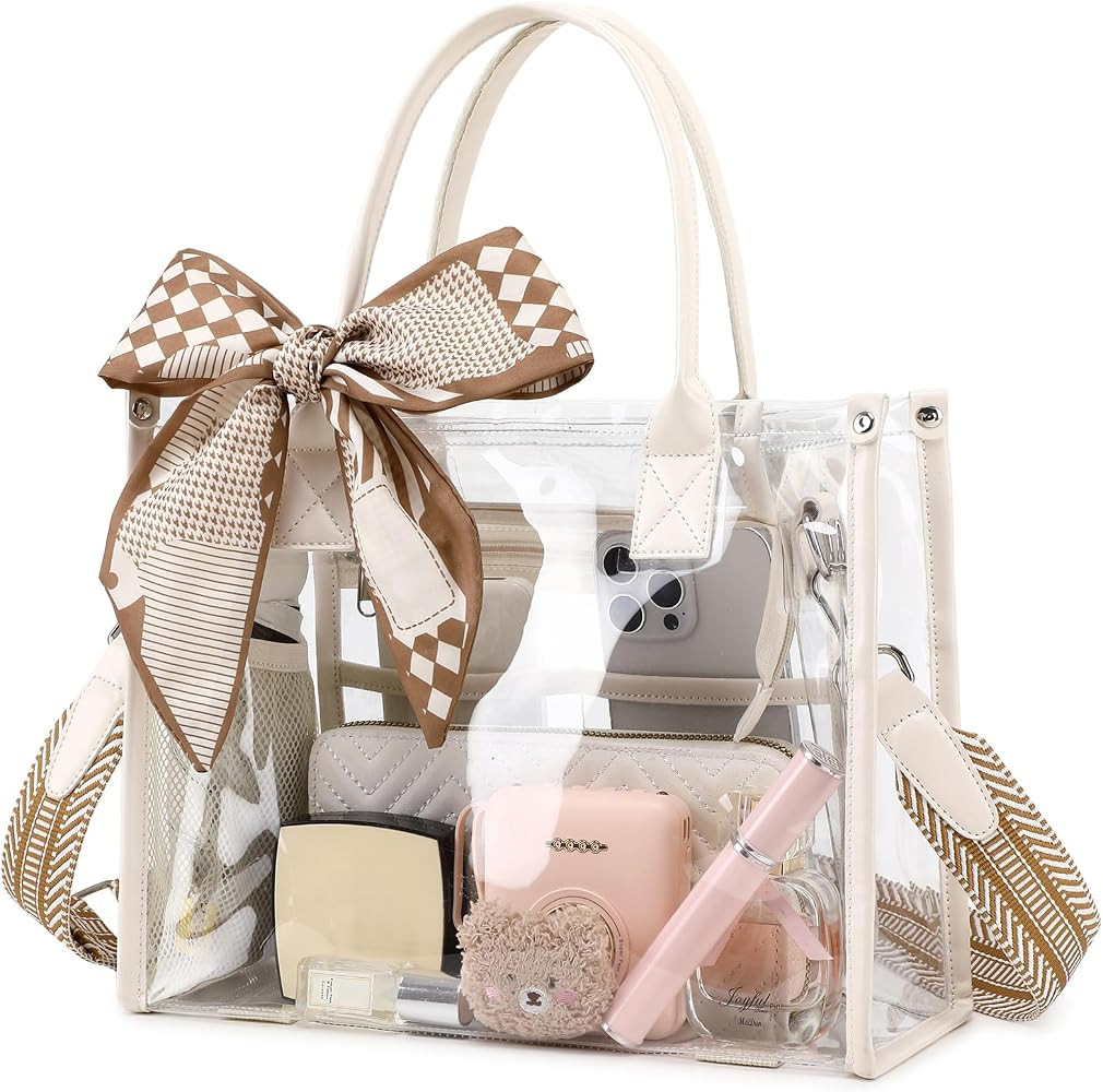 Clear Tote Bag Stadium Events Transparent Clear Purse for Women Thick PVC Shoulder Bag with Guita... | Amazon (US)
