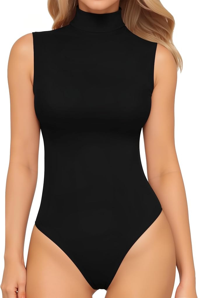 MANGOPOP Women's Mock Turtle Neck Long Sleeve Tops Bodysuit Jumpsuit | Amazon (US)