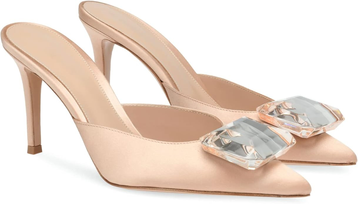 Woman Heeled Mules Rhinestone Pointy Closed Toe Sandals Kitten High Heels Sandals Summer Slip on ... | Amazon (US)