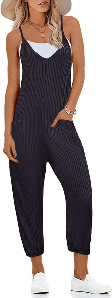 Ekouaer Jumpsuits for Women Sleeveless Spaghetti Strap Ribbed Overall Jumpsuit V Neck Summer Romp... | Amazon (US)
